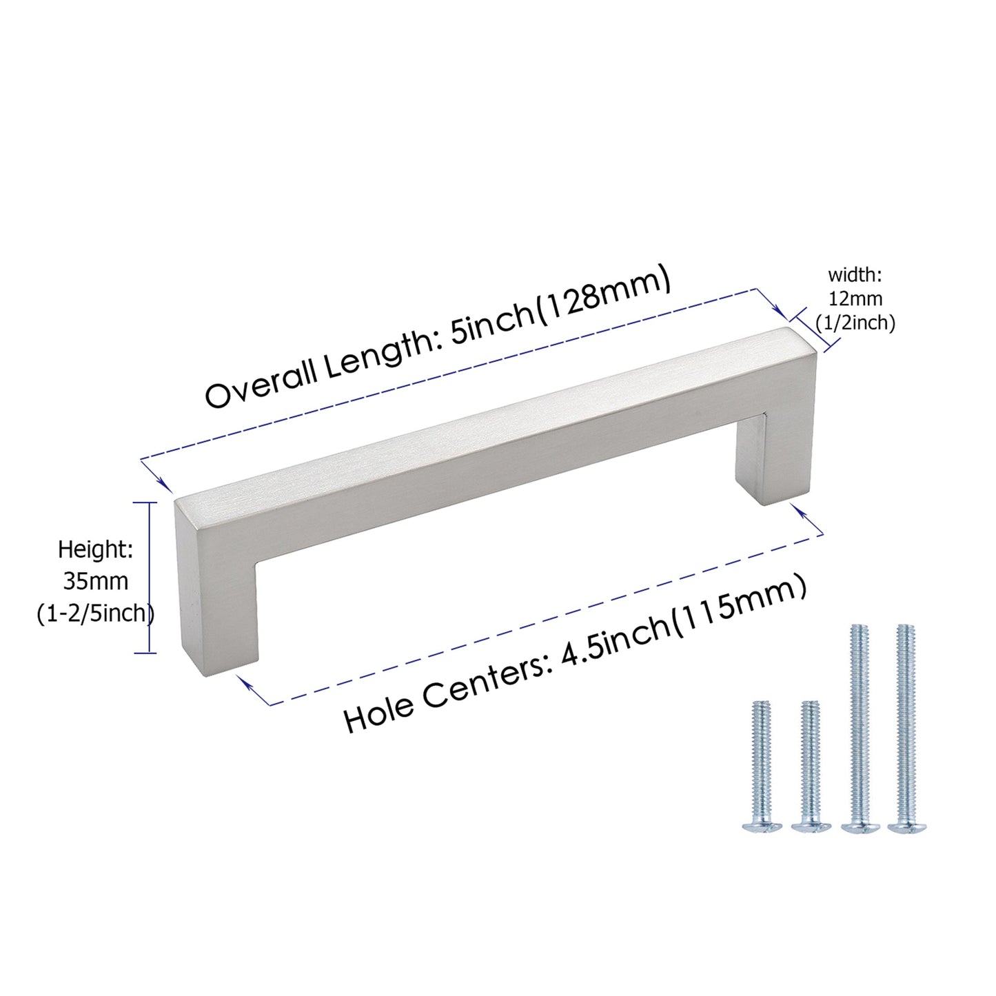 4-1/2 inch(115mm) Hole Center Cabinet Pulls Square Cabinet Handles for Kitchen Stainless Steel Brushed Nickel Drawer Pulls (5" Length）
