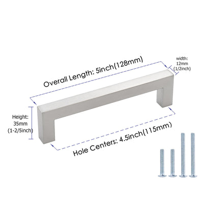 4-1/2 inch(115mm) Hole Center Cabinet Pulls Square Cabinet Handles for Kitchen Stainless Steel Brushed Nickel Drawer Pulls (5" Length）