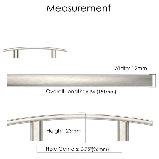 Curved Arch Cabinet Pulls，Zinc Handle Bar 3.75 Inch (96mm Hole Centers，Brushed Nickel)