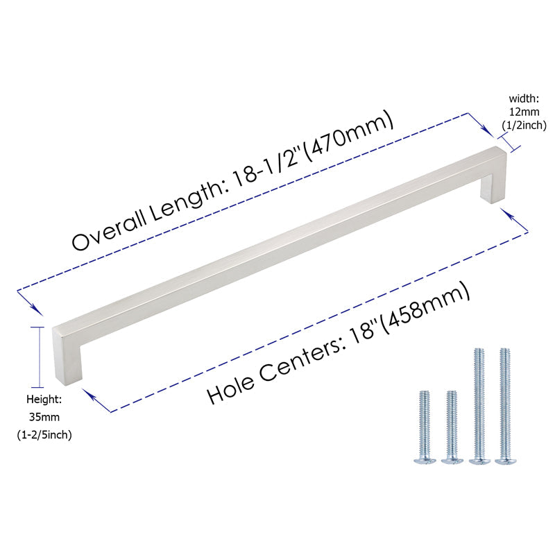 18 Inch(Center To Center) Modern Square Cabinet Handles (458mm，Brushed Nickel)