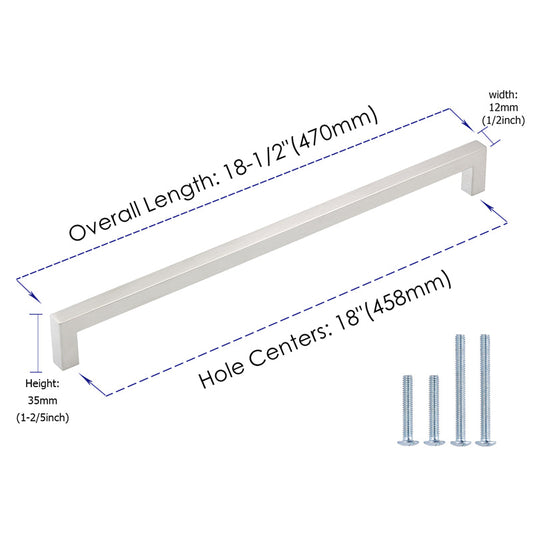 18 Inch(Center To Center) Modern Square Cabinet Handles (458mm，Brushed Nickel)