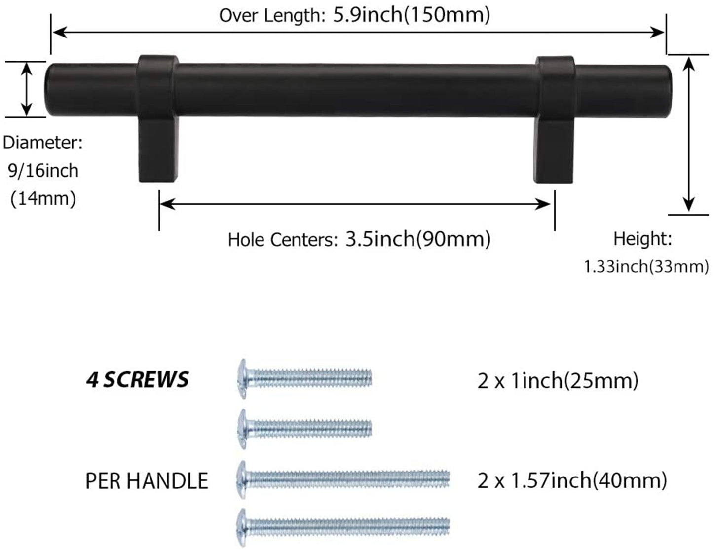 Black Modern Cupboard Handles Stainless Steel Pulls - Round Shape Series - Hole Centers(Single Hole, 3",3.5,3.75,4",5",6.25",7.5",8.8",10")