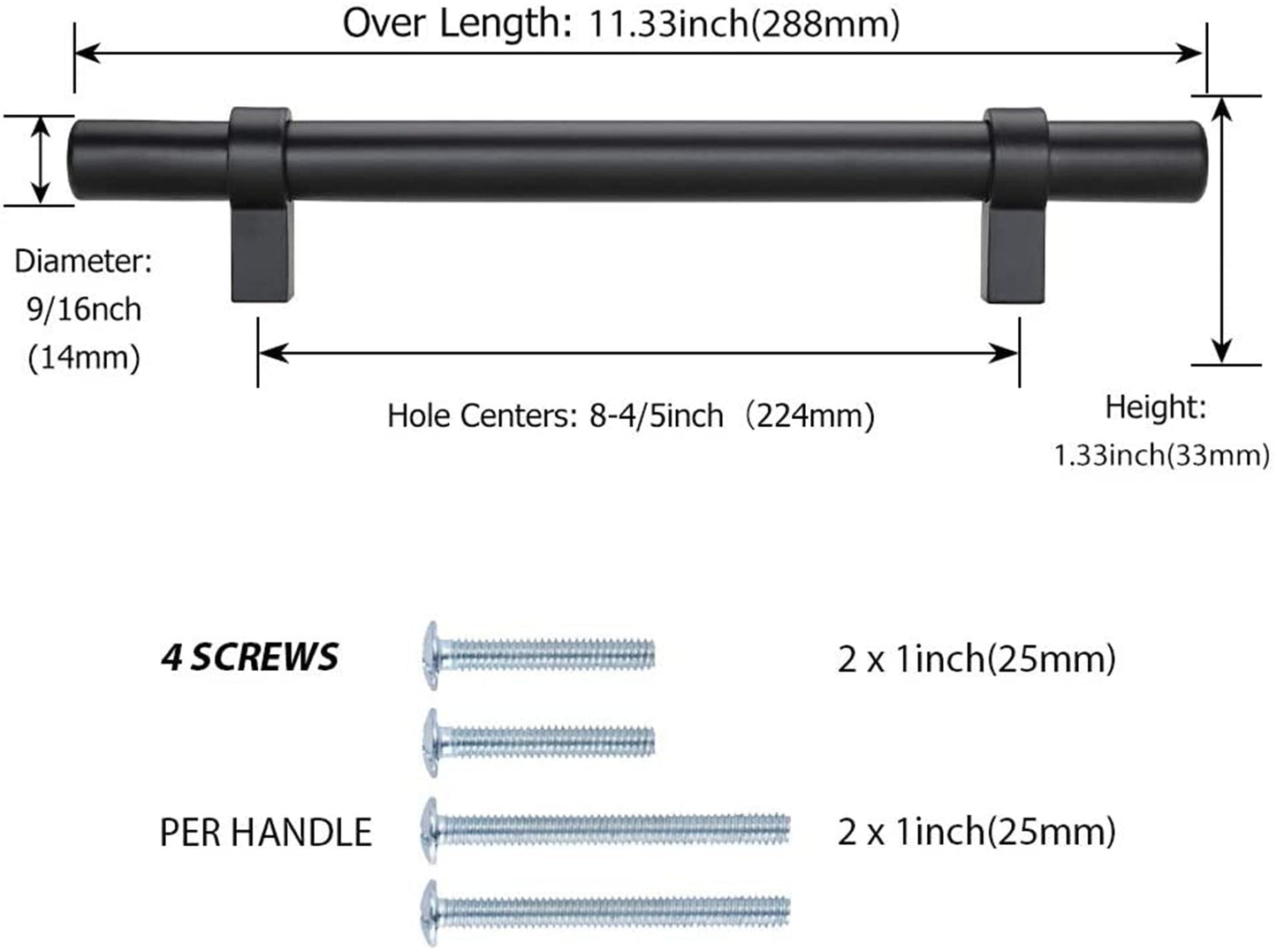 Black Modern Cupboard Handles Stainless Steel Pulls - Round Shape Series - Hole Centers(Single Hole, 3",3.5,3.75,4",5",6.25",7.5",8.8",10")