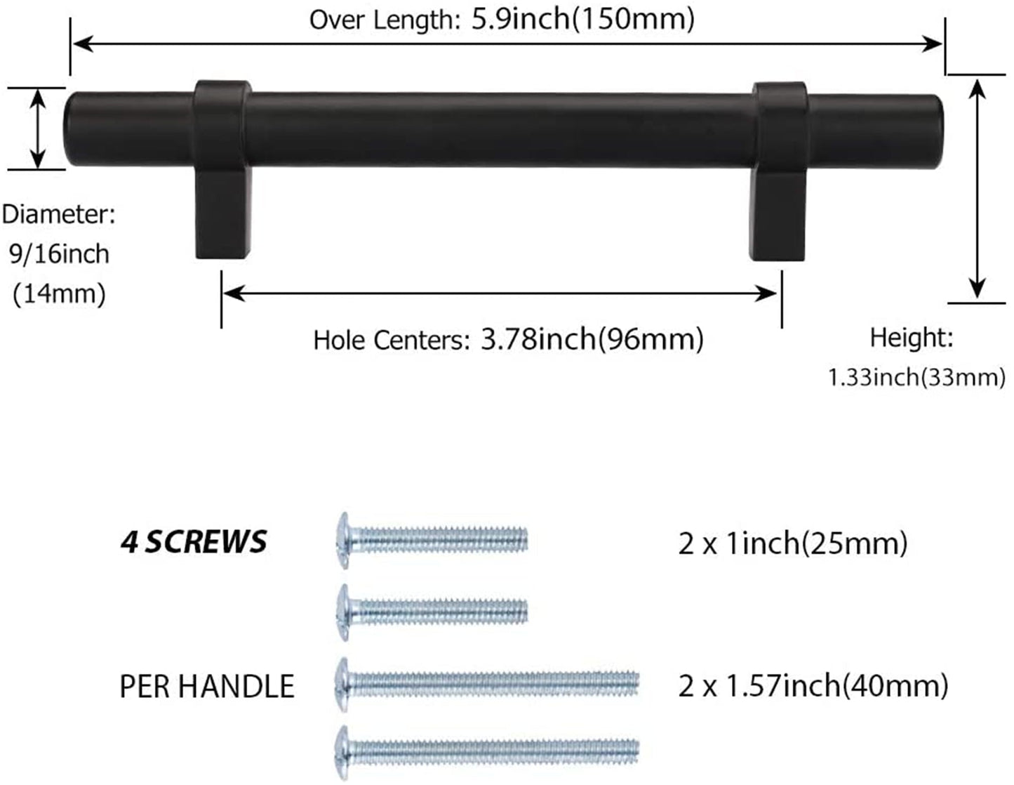 Black Modern Cupboard Handles Stainless Steel Pulls - Round Shape Series - Hole Centers(Single Hole, 3",3.5,3.75,4",5",6.25",7.5",8.8",10")
