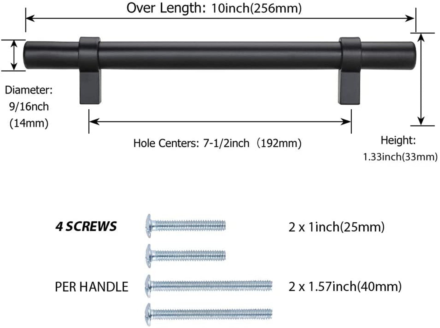 Black Modern Cupboard Handles Stainless Steel Pulls - Round Shape Series - Hole Centers(Single Hole, 3",3.5,3.75,4",5",6.25",7.5",8.8",10")