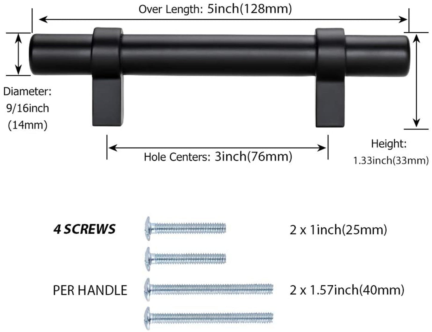 Black Modern Cupboard Handles Stainless Steel Pulls - Round Shape Series - Hole Centers(Single Hole, 3",3.5,3.75,4",5",6.25",7.5",8.8",10")