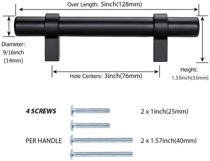 Black Modern Cupboard Handles Stainless Steel Pulls - Round Shape Series - Hole Centers(Single Hole, 3",3.5,3.75,4",5",6.25",7.5",8.8",10")