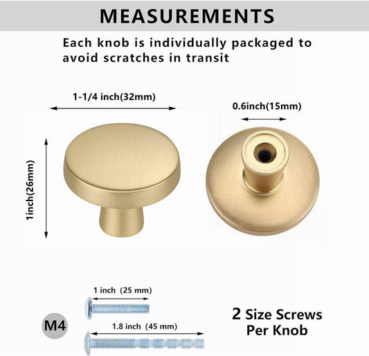 1-1/4 Inch Brushed Brass Kitchen Cabinet Knobs，Solid Dresser Knobs Drawer Knobs For Cupboard Drawer Pulls