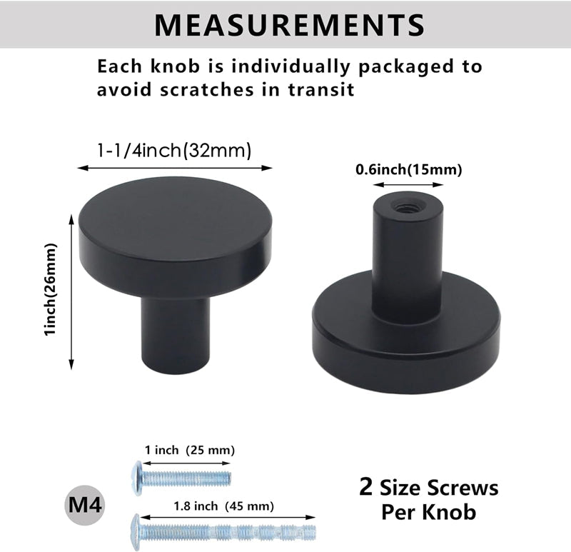 1-1/4 Inch Matte Black Kitchen Cabinet Knobs，Solid Dresser Knobs Drawer Knobs for Cupboard Drawer Pulls