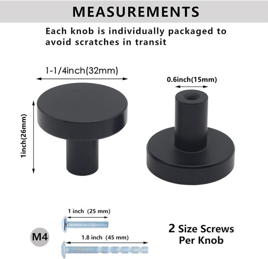 1000 Pack 1-1/4 Inch Modern Matte Black Cabinet Knobs，Solid Dresser Knobs Drawer Knobs for Cupboard Drawer Handles