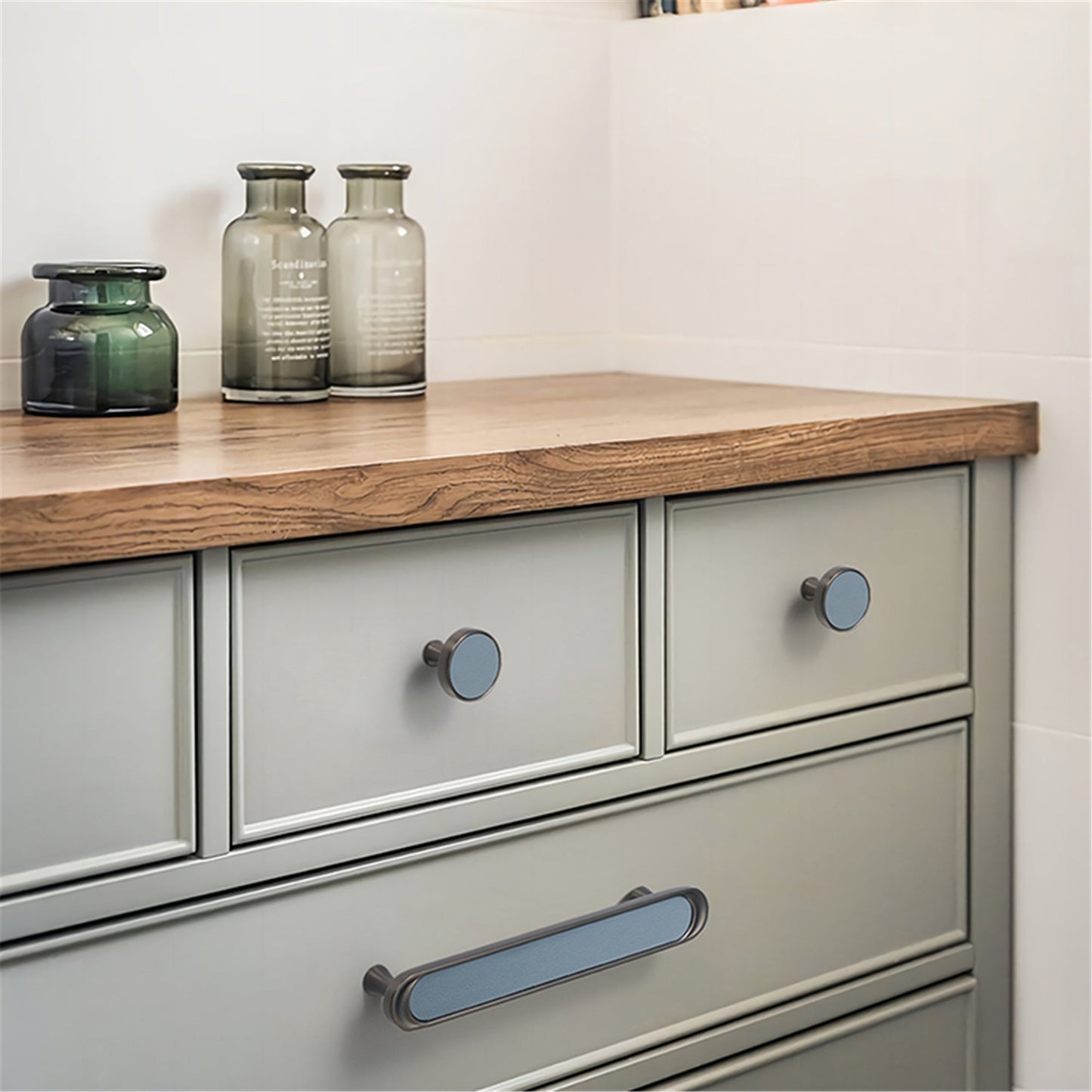 3.75" 5" Leather Handle Pulls，Light Green Leather Kitchen Cabinet Pulls( CC：96mm，128mm )