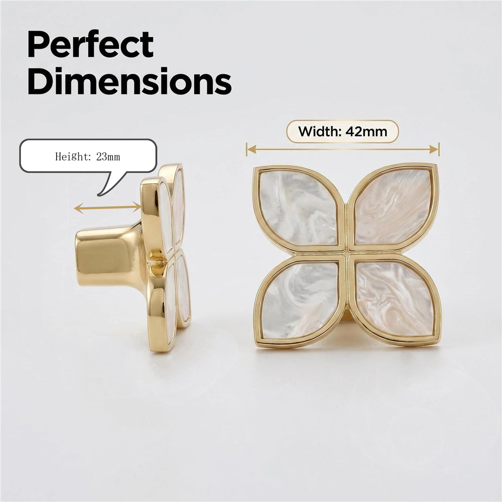 Petal Cabinet Knobs，Gold Dresser Drawers Knobs，Four Leaf Clover Decorative Knobs For Furniture Cupboard Hardware (Snowflake White，Large)