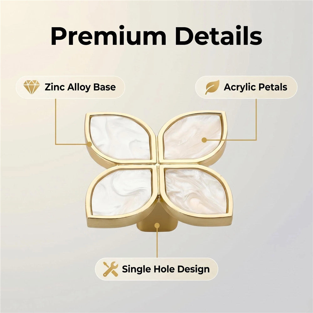 Petal Cabinet Knobs，Gold Dresser Drawers Knobs，Four Leaf Clover Decorative Knobs For Furniture Cupboard Hardware (Snowflake White，Large)