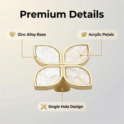 Petal Cabinet Knobs，Gold Dresser Drawers Knobs，Four Leaf Clover Decorative Knobs For Furniture Cupboard Hardware (Snowflake White，Large)