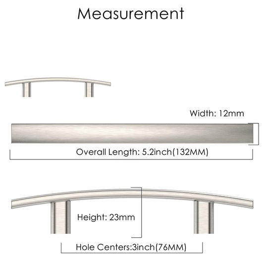 Brushed Nickel Cabinet Pulls，3"(76mm) Hole Centers Cabinet Handles Hardware Modern Arch Bar Drawer Pulls