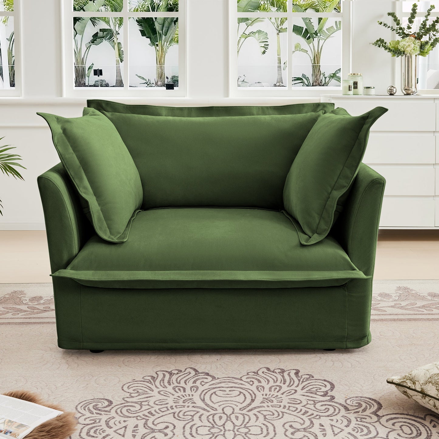 Single Deep Seat Comfy Single Couch Sofa Multiple Large Soft Pillows (Chenille Fabric, Green)