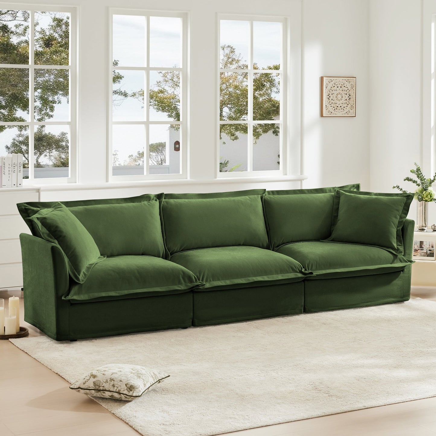 Modern 3 Seater Sofa, Upholstered Sectional Sofa with Armrest, Comfy Couches for Living Room, Apartment, Home Office (Chenille Fabric, Green)