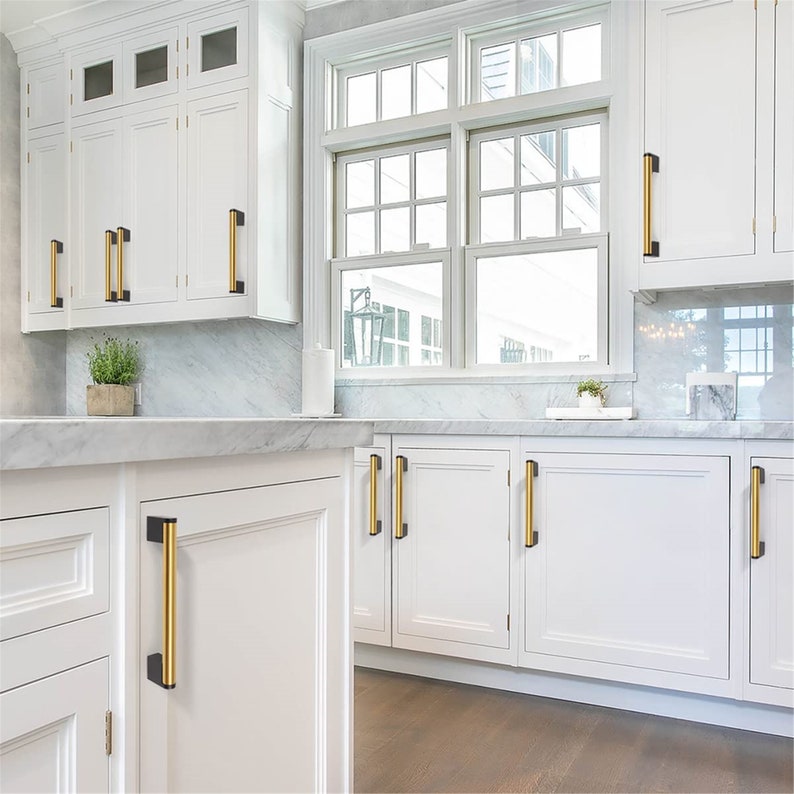 Brushed Brass Square Cabinet Handle Stainless Steel Drawer Pulls，Gold Kitchen Cabinet Pulls with Black Base for Kitchen Bath Bedroom