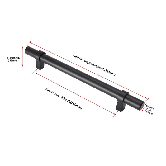 Flat Black Stainless Steel Kitchen Cupboard Handles - 6.25" (160mm) Hole Centers