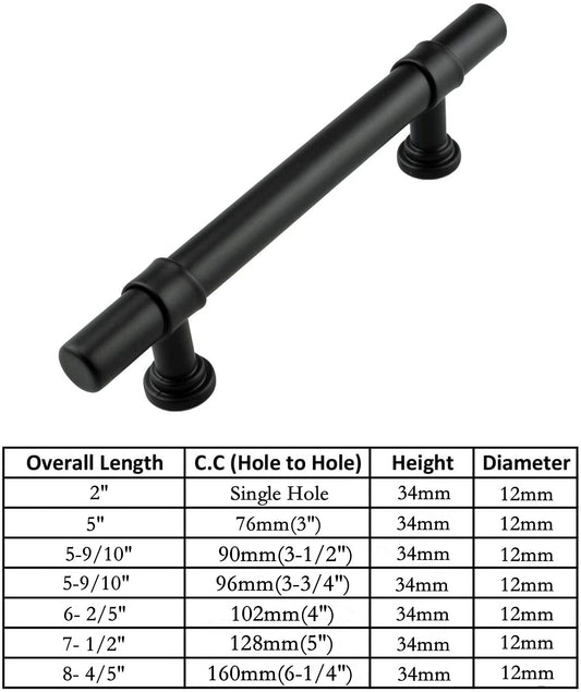 6.25in Black Drawer Pulls Kitchen Cabinet Handles - Matte Black T Bar Handle Pull - 6.25" (160mm) Hole Centers, 8.8" Overall Length