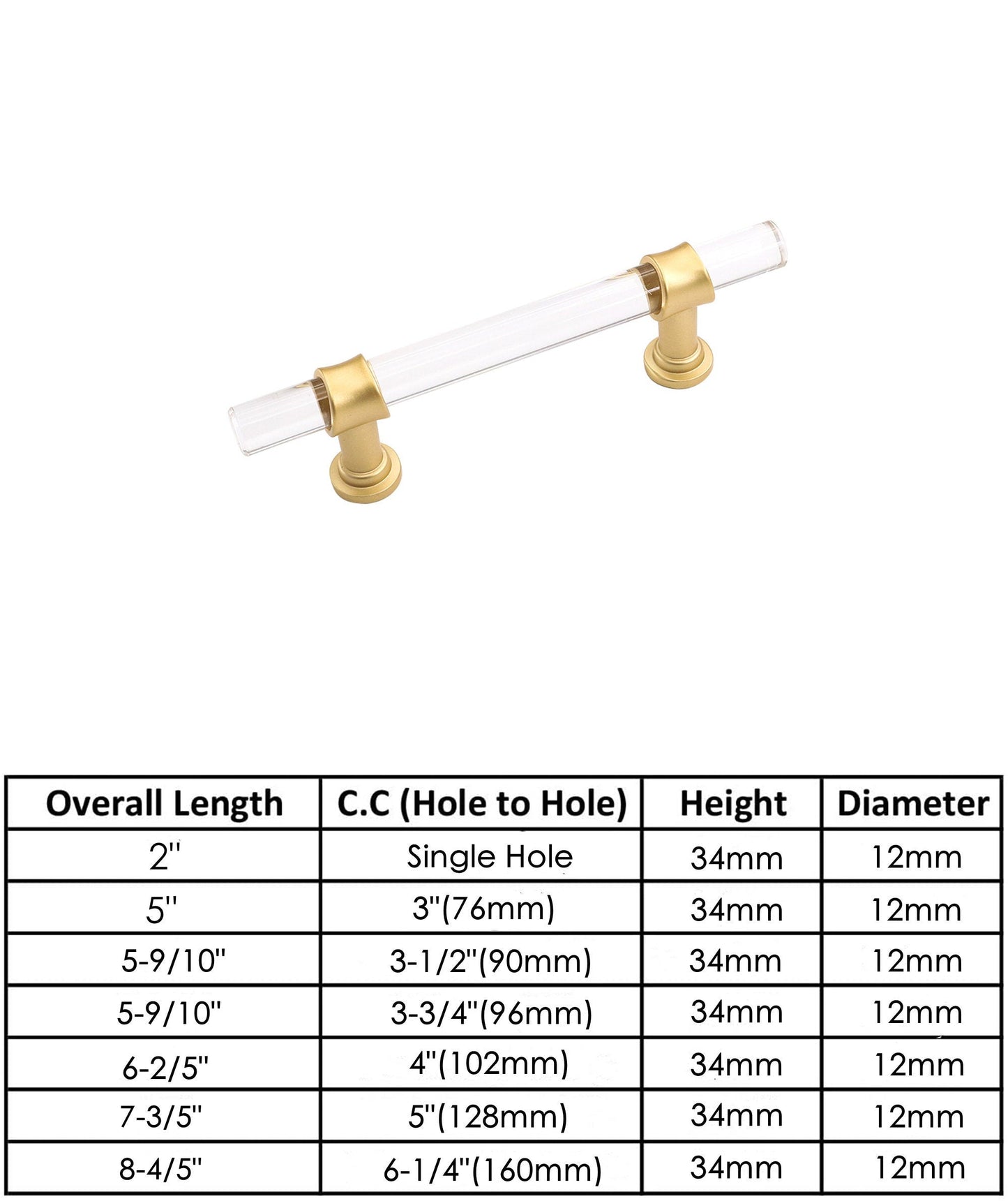 Brushed Brass Cabinet Pulls Dresser Drawer Pulls - Acrylic Round Bar Series - Hole Centers(3 Inch，76mm)