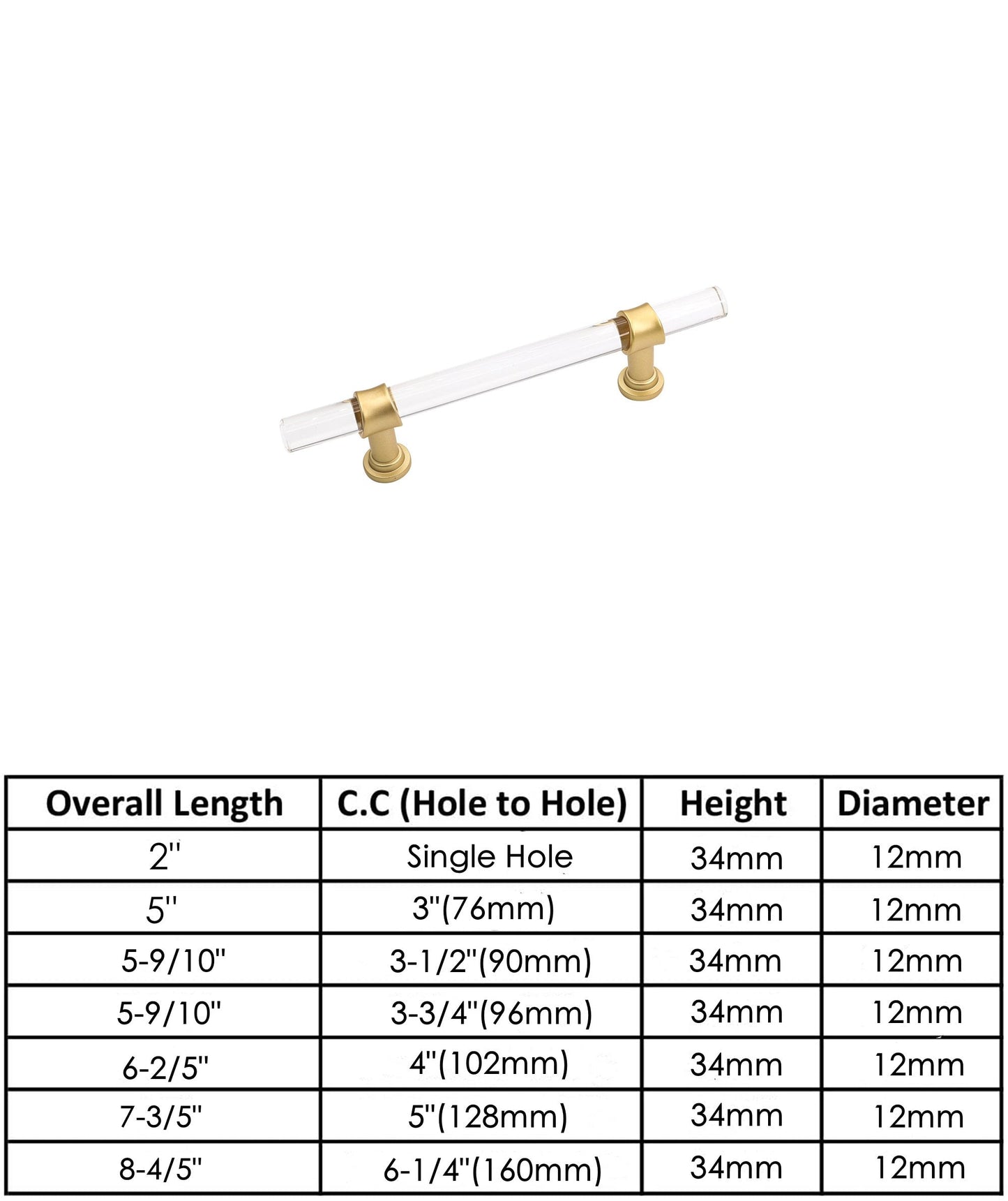 Acrylic Gold Drawer Pulls Cabinet Pulls - Acrylic Round Bar Series - Hole Centers(3-3/4 Inch，96mm)