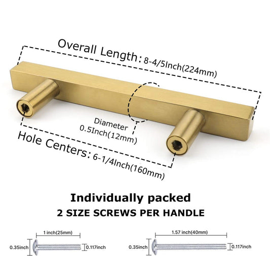 Brushed Brass Cabinet Pulls Gold Cabinet Pulls - 6-1/4" Inch (160mm) Hole Centers