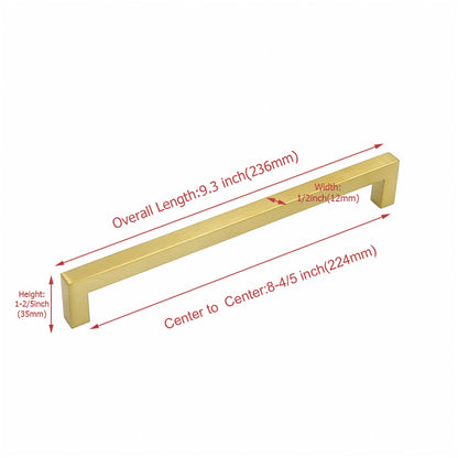 8.8in Cabinet Handle Brushed Brass Drawer Pulls，Brass Drawer Pulls Handles for Dresser Drawers(224mm, Hole Centers)