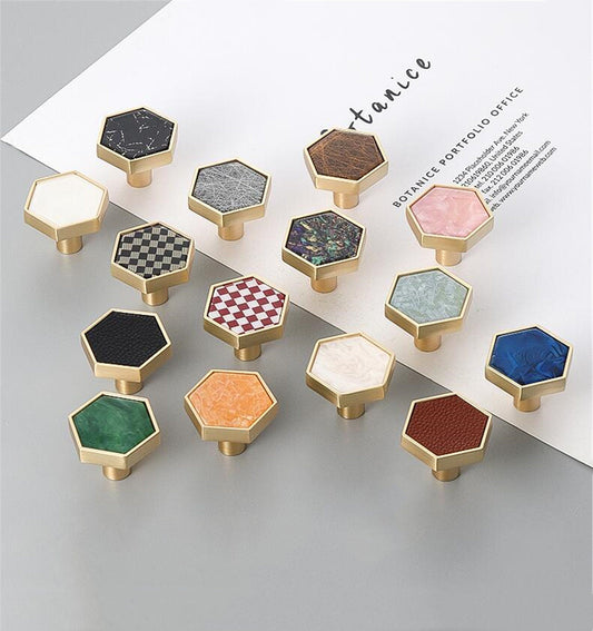 Brushed Brass Decorative Cabinet Hexagon Knobs，1.18"(30mm) Hexagon Solid Cabinet Knobs for Home，Kitchen，Bathroom，Office and More