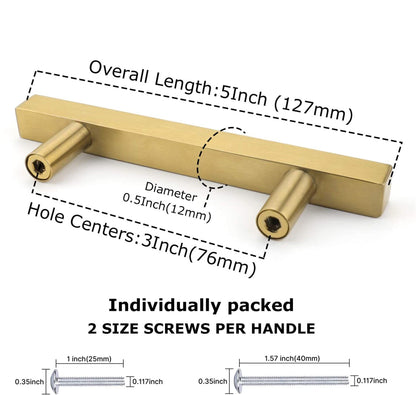 Brushed Brass Stainless Steel Kitchen Drawer Pulls Cabinet Handles 5" Length (3" Hole Center)