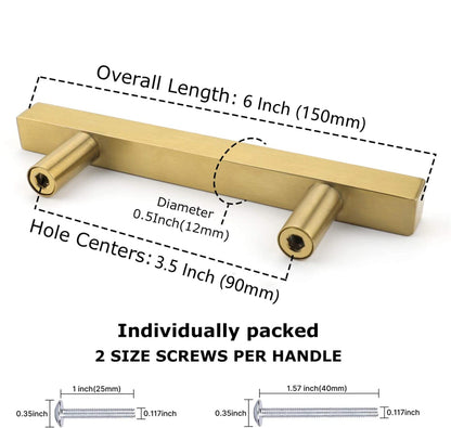 Brushed Brass Modern Cabinet Hardware Handle Pull - 3-1/2" Inch (90mm) Hole Centers
