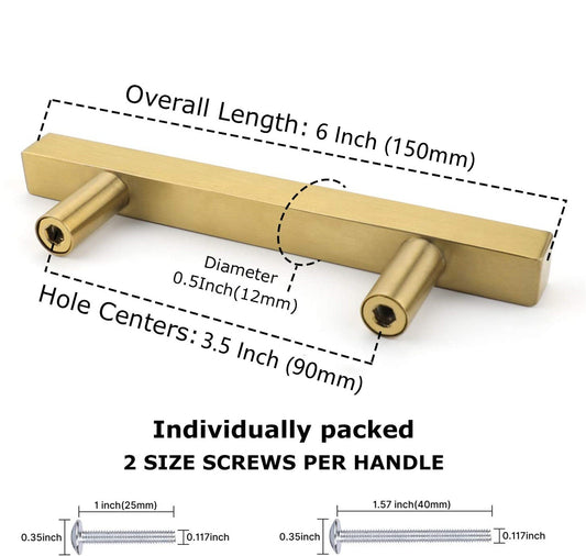 Brushed Brass Modern Cabinet Hardware Handle Pull - 3-1/2" Inch (90mm) Hole Centers