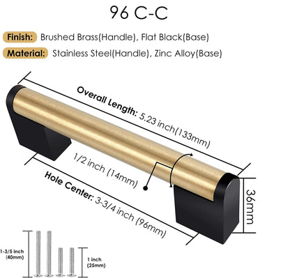 Brushed Brass Square Cabinet Handle Stainless Steel Drawer Pulls，Gold Kitchen Cabinet Pulls with Black Base for Kitchen Bath Bedroom
