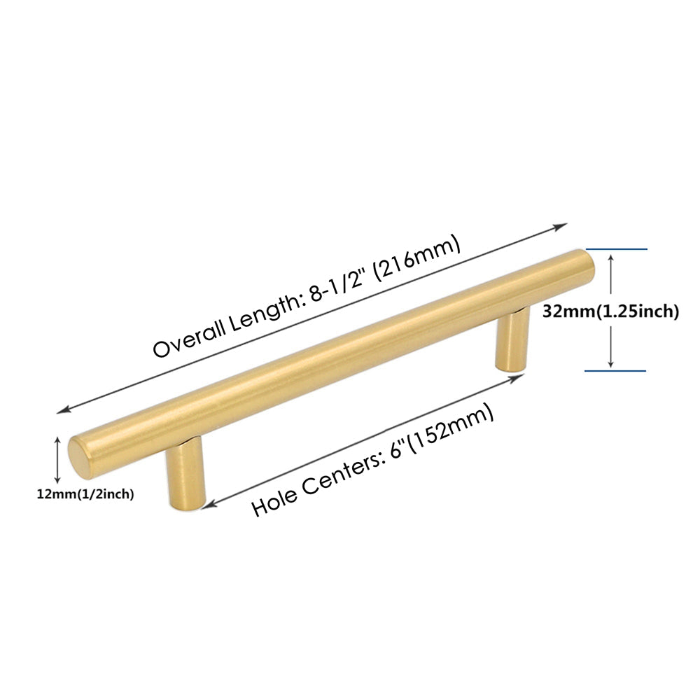 6"(152mm) Center To Center Brushed Brass Cabinet Pulls (8-1/2" Length，Gold)